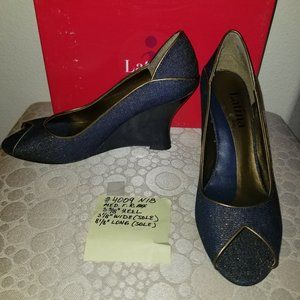 4009 NIB Latina Denim Peep Toe Wedges 7.5, 3 3/8"